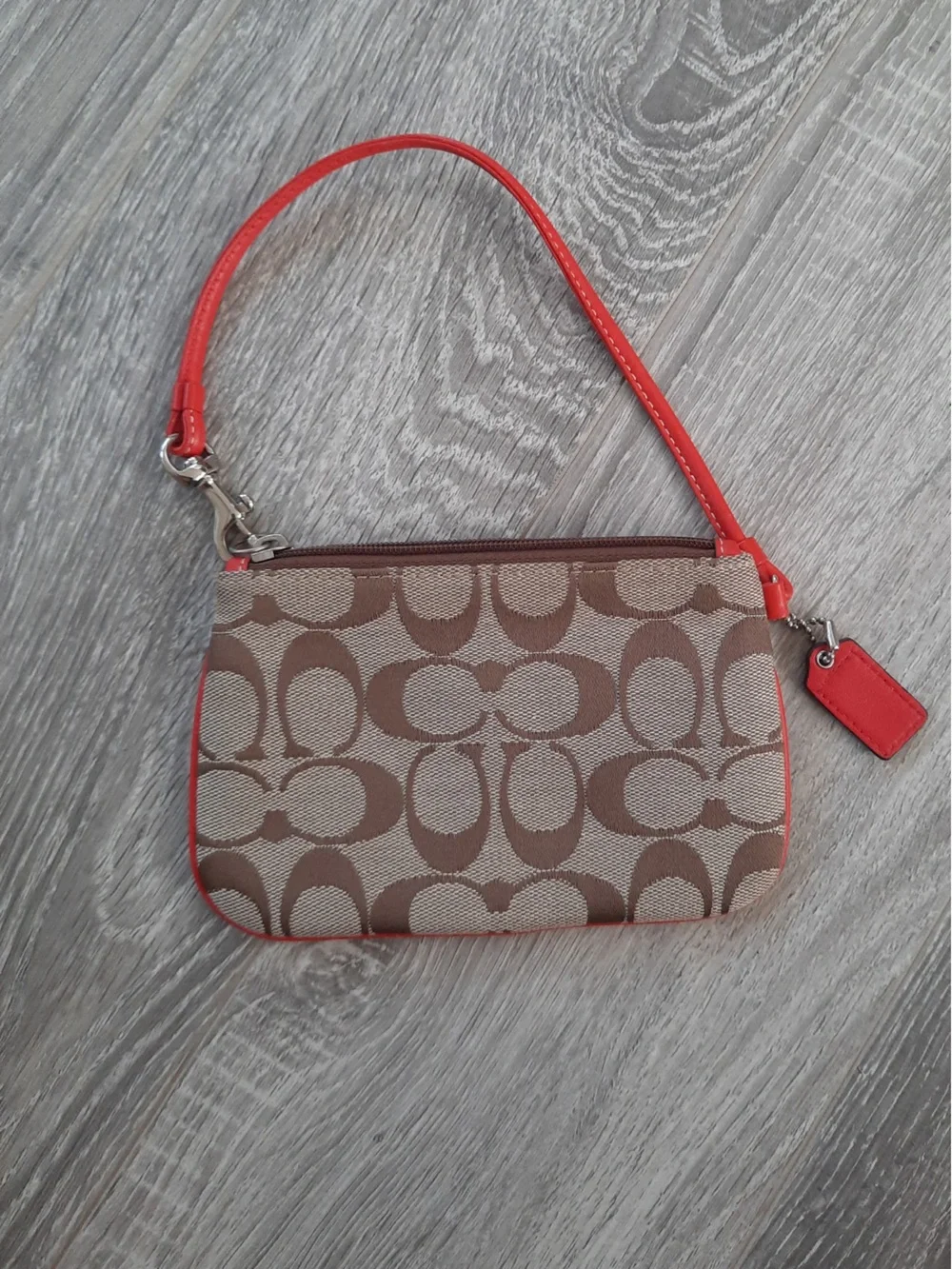 Coach Brown Signature Canvas Wristlet with Red Trim